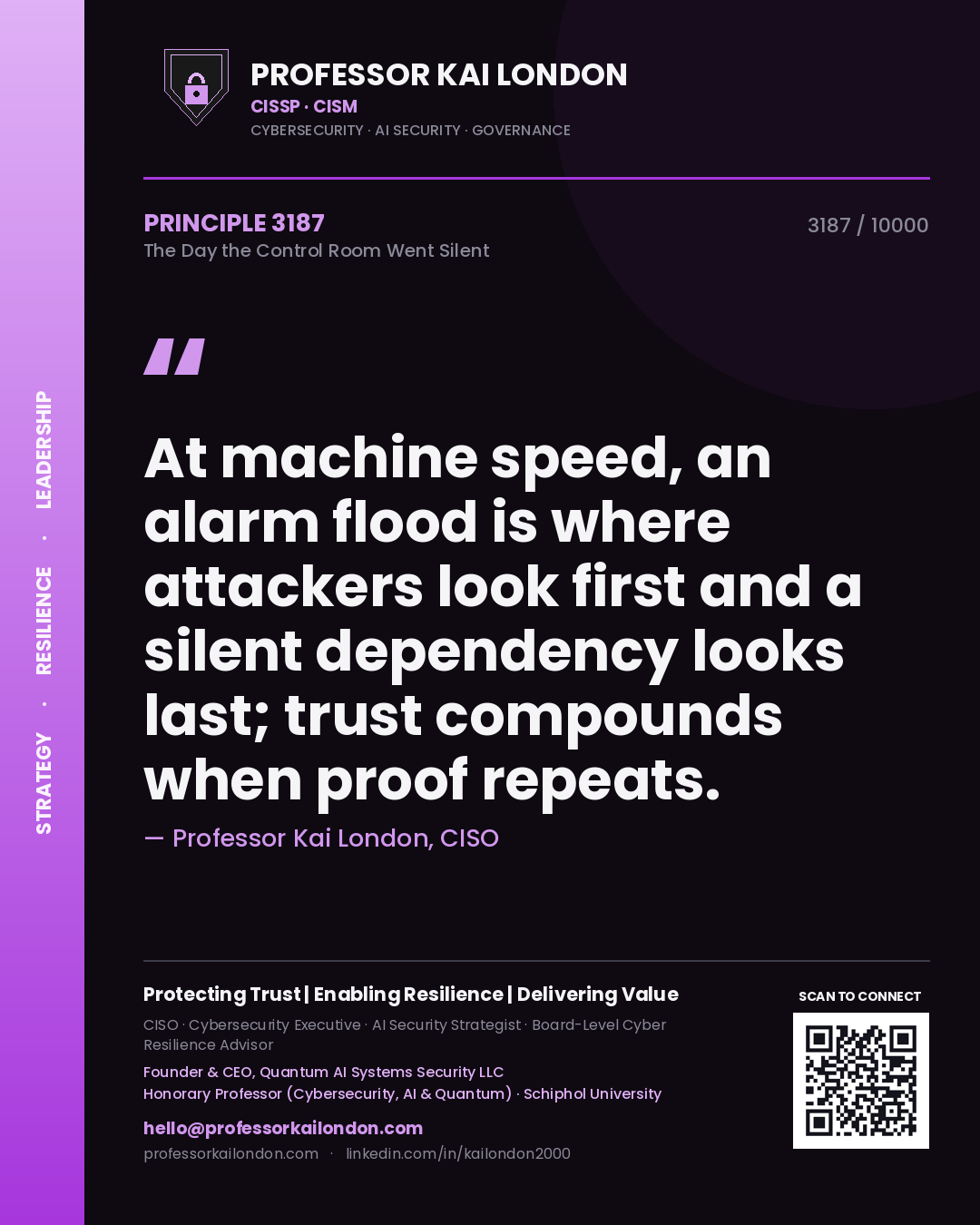 Professor Kai London principle 3187: At machine speed, an alarm flood is where attackers look first and a silent dependency looks last; trust compounds when proof repeats.