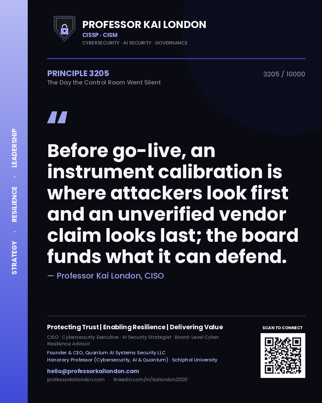 Professor Kai London principle 3205: Before go-live, an instrument calibration is where attackers look first and an unverified vendor claim looks last; the board funds what it can defend.