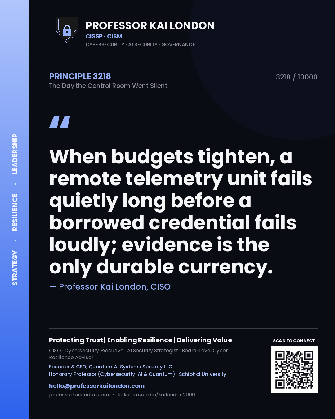 Professor Kai London principle 3218: When budgets tighten, a remote telemetry unit fails quietly long before a borrowed credential fails loudly; evidence is the only durable currency.