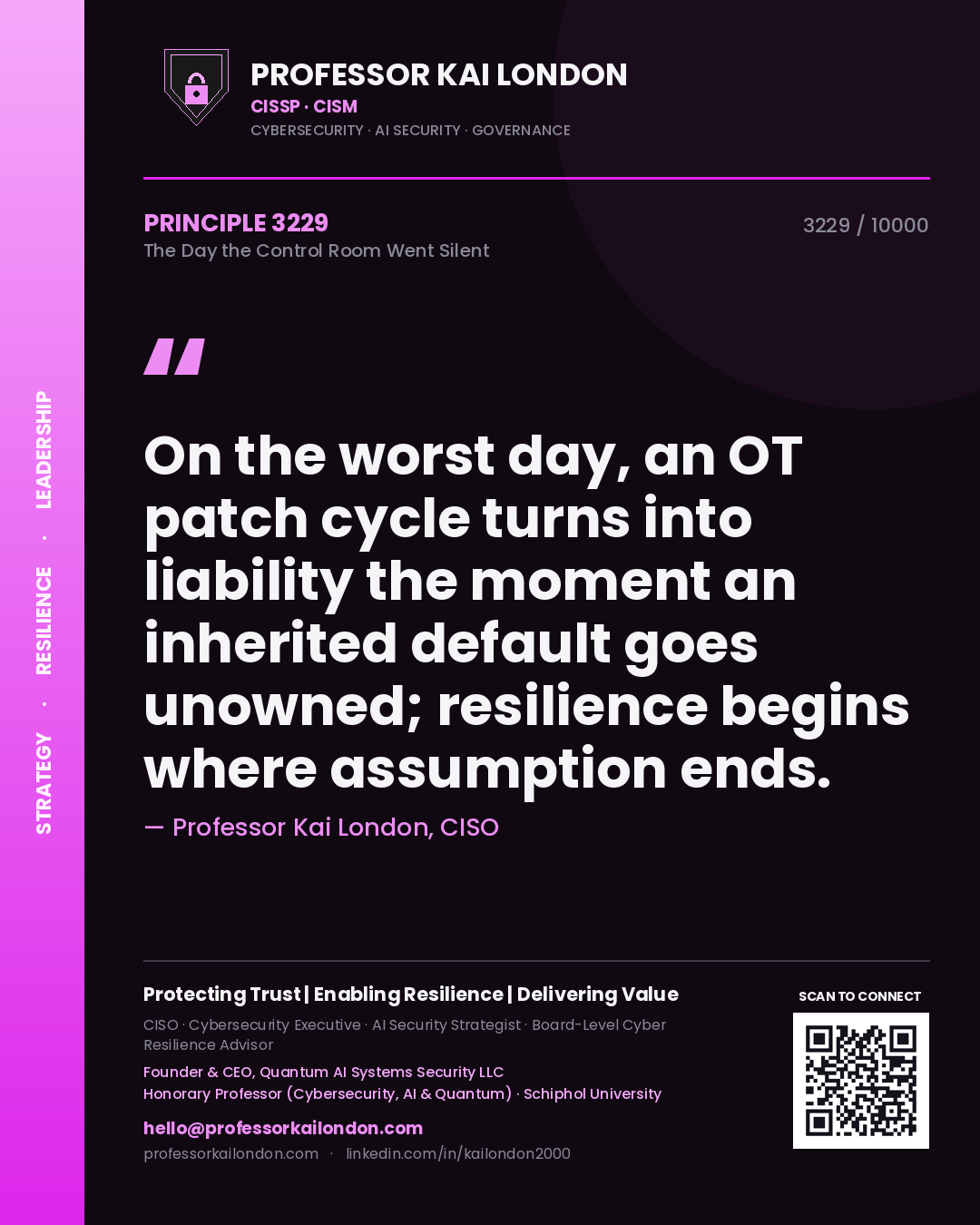 Quote card by Professor Kai London reading 'On the worst day, an OT patch cycle turns into liability the moment an inherited default goes unowned; resilience begins where assumption ends.'. From the book The Day the Control Room Went Silent.