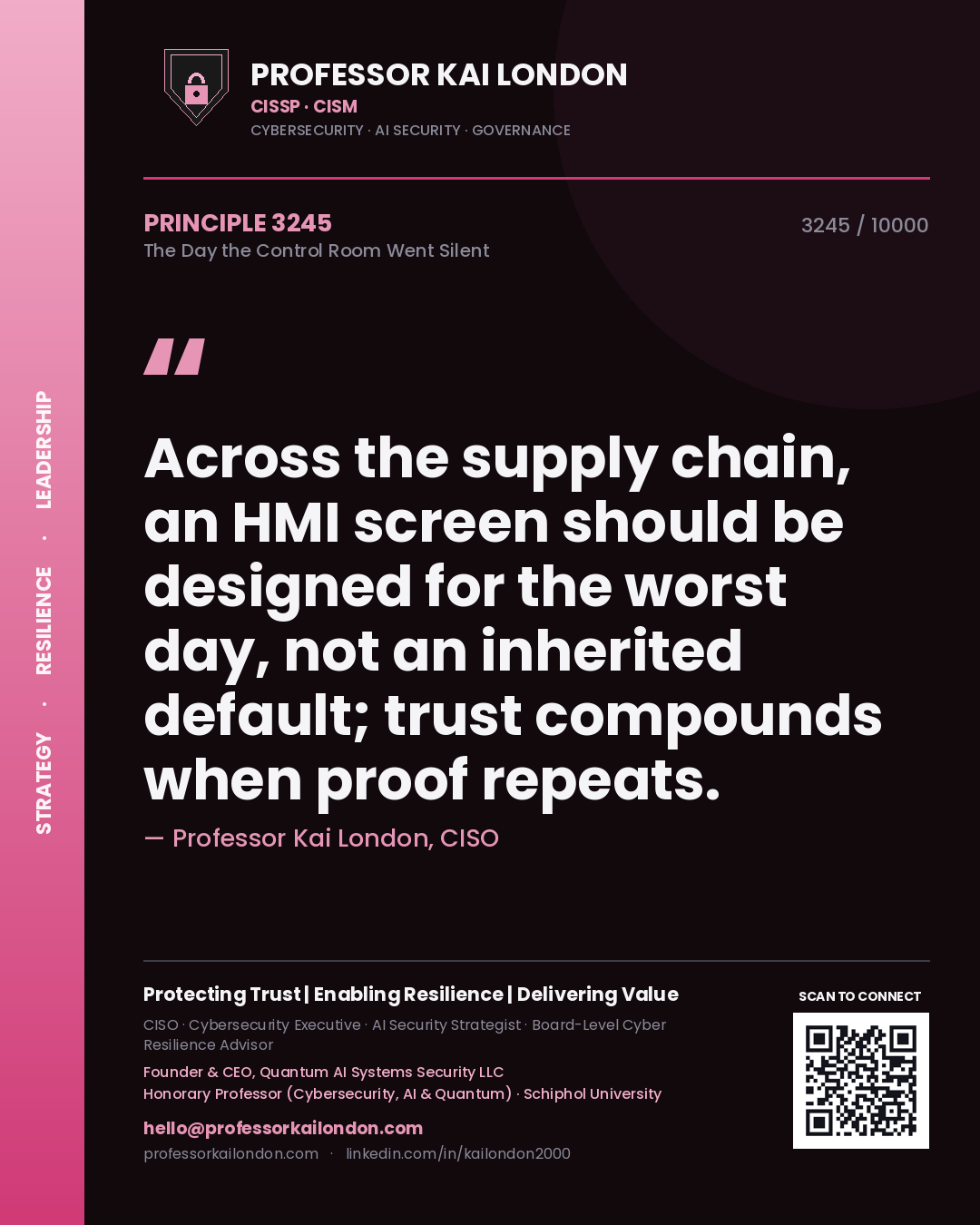 Professor Kai London principle 3245: Across the supply chain, an HMI screen should be designed for the worst day, not an inherited default; trust compounds when proof repeats.