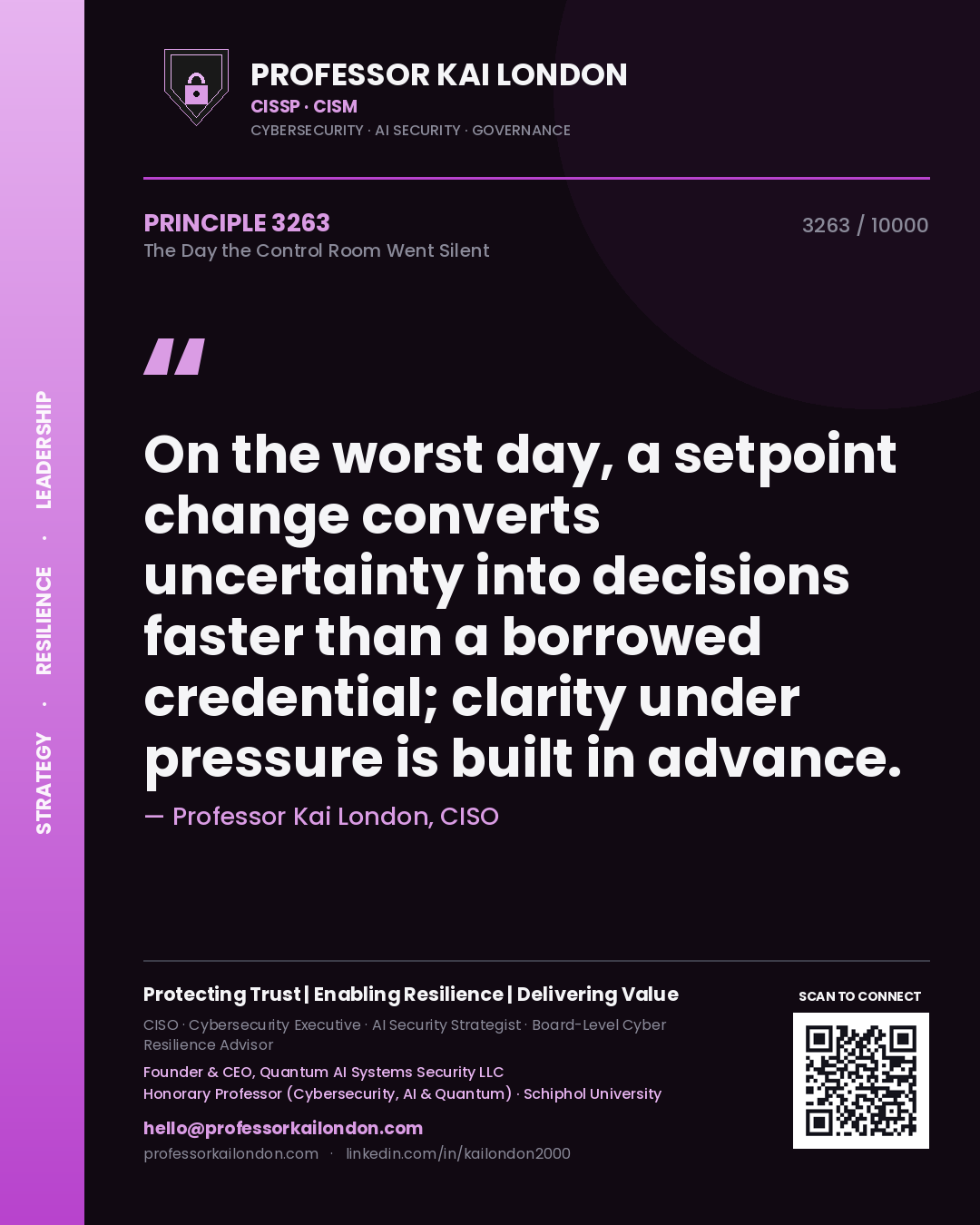 Quote card by Professor Kai London reading 'On the worst day, a setpoint change converts uncertainty into decisions faster than a borrowed credential; clarity under pressure is built in advance.'. From the book The Day the Control Room Went Silent.