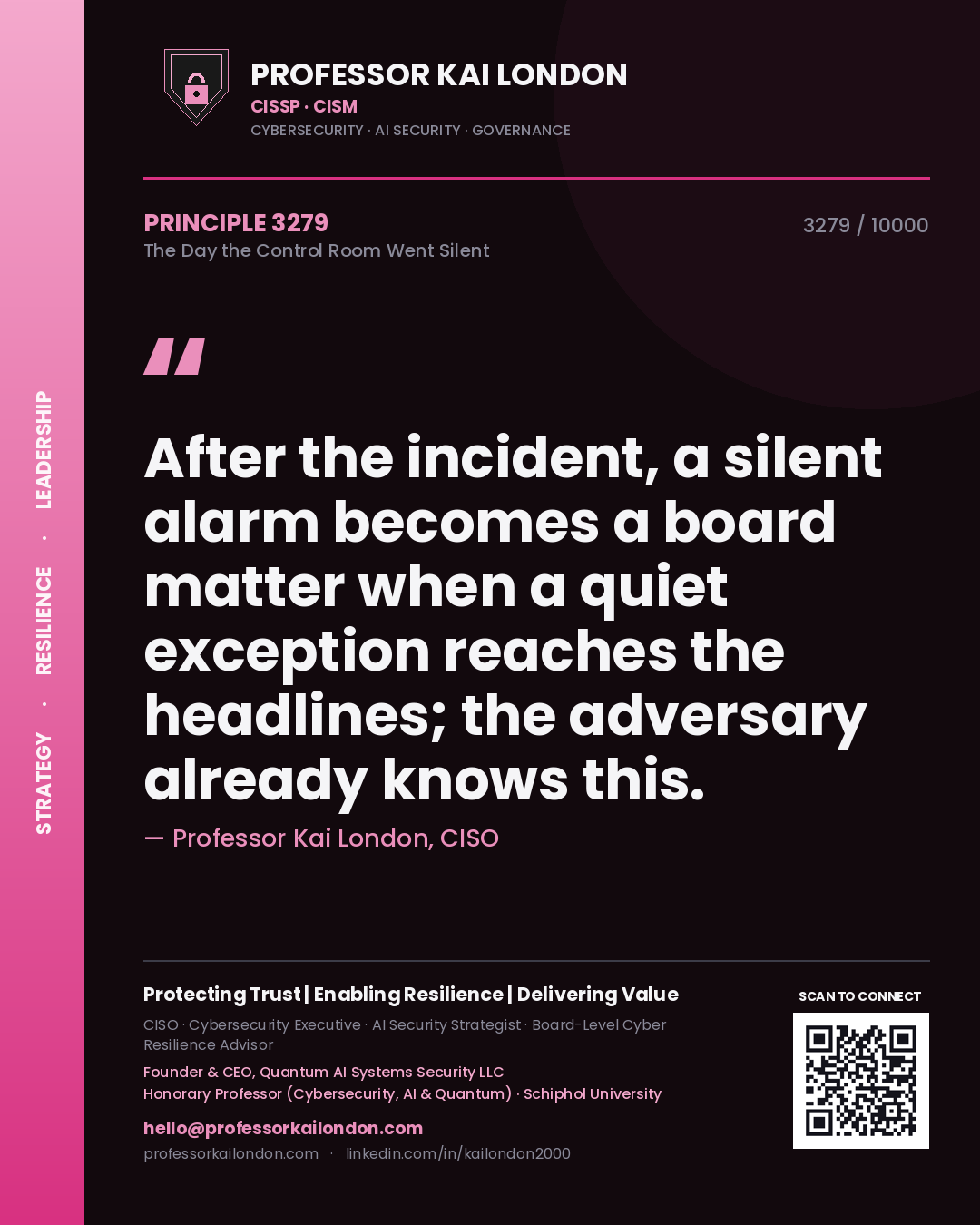 Professor Kai London principle 3279: After the incident, a silent alarm becomes a board matter when a quiet exception reaches the headlines; the adversary already knows this.