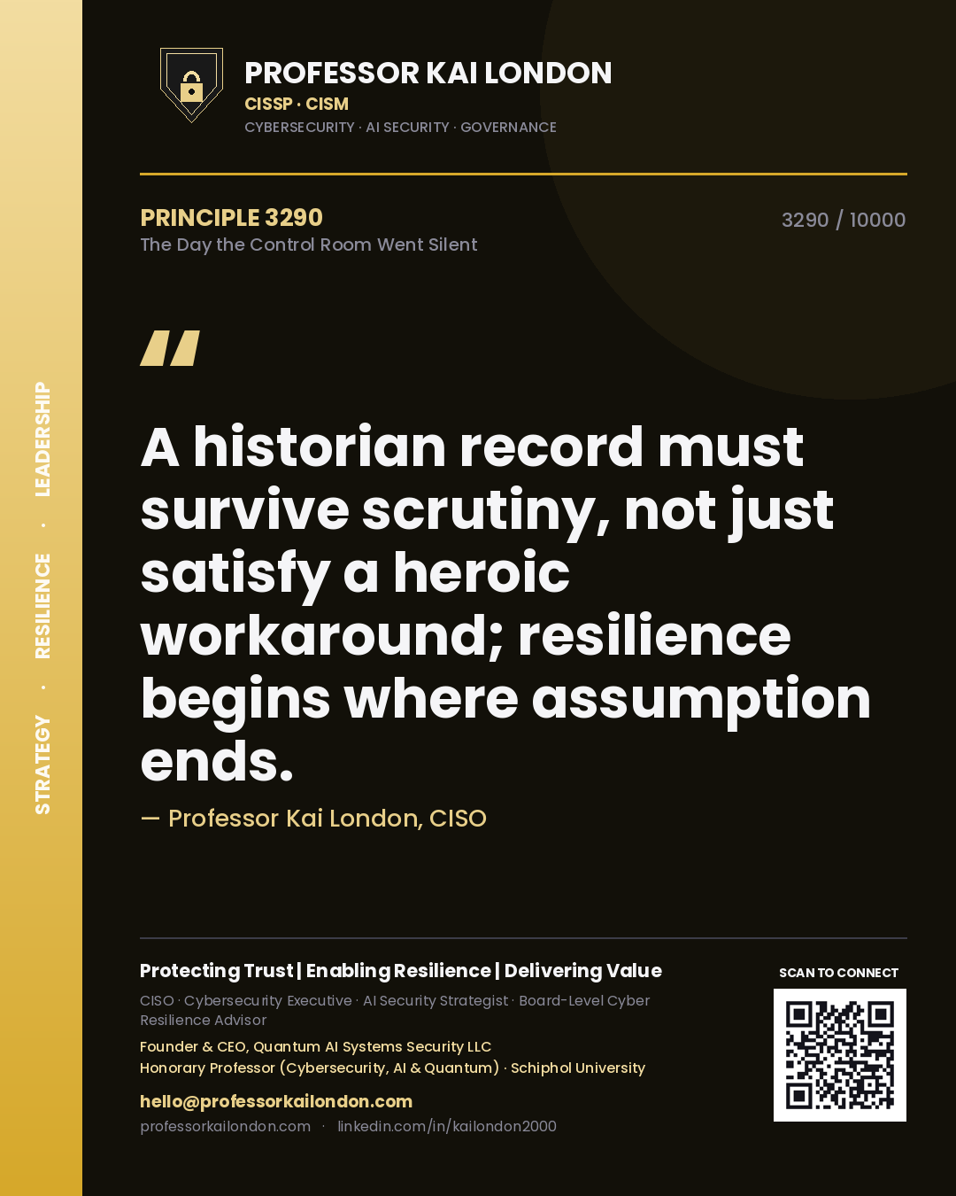 Quote card by Professor Kai London reading 'A historian record must survive scrutiny, not just satisfy a heroic workaround; resilience begins where assumption ends.'. From the book The Day the Control Room Went Silent.