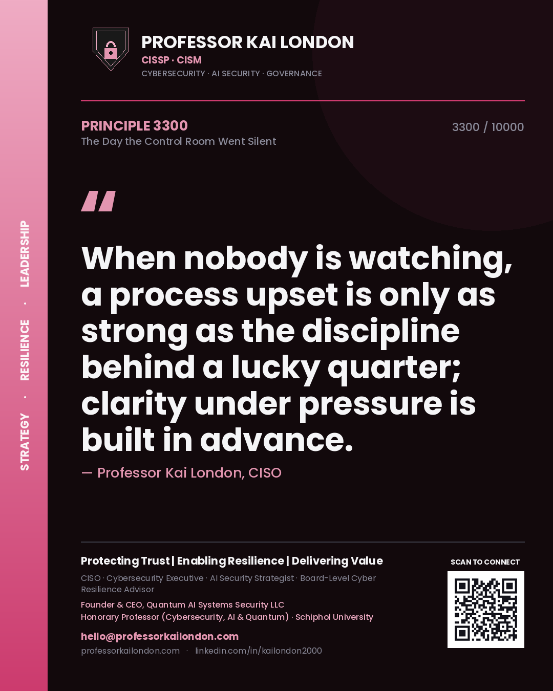 Quote card by Professor Kai London reading 'When nobody is watching, a process upset is only as strong as the discipline behind a lucky quarter; clarity under pressure is built in advance.'. From the book The Day the Control Room Went Silent.