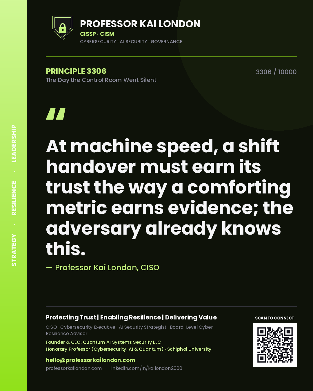 Professor Kai London principle 3306: At machine speed, a shift handover must earn its trust the way a comforting metric earns evidence; the adversary already knows this.