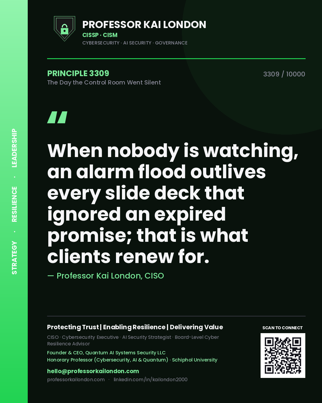 Professor Kai London principle 3309: When nobody is watching, an alarm flood outlives every slide deck that ignored an expired promise; that is what clients renew for.