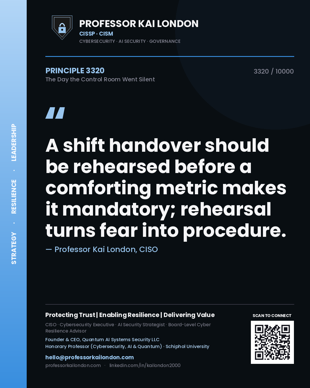 Professor Kai London principle 3320: A shift handover should be rehearsed before a comforting metric makes it mandatory; rehearsal turns fear into procedure.