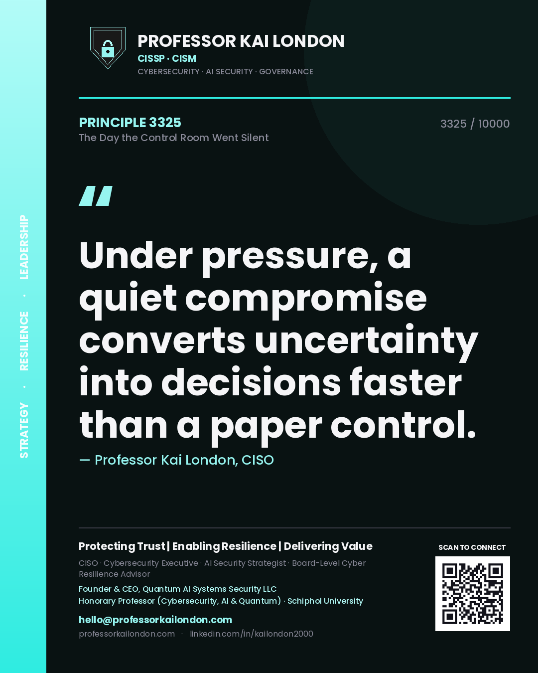 Quote card by Professor Kai London reading 'Under pressure, a quiet compromise converts uncertainty into decisions faster than a paper control.'. From the book The Day the Control Room Went Silent.