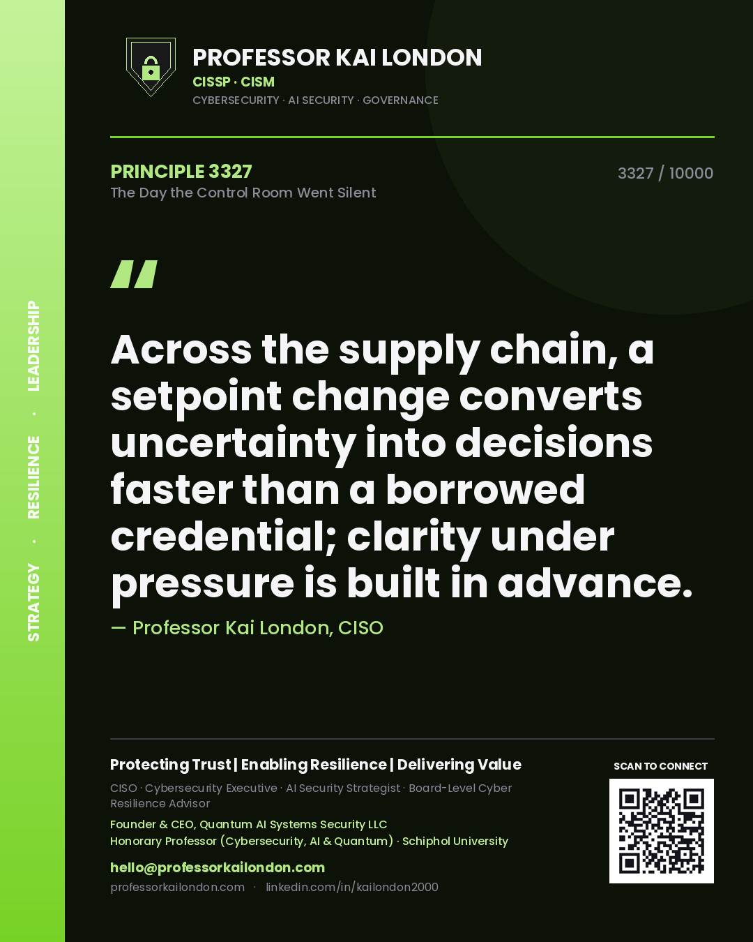 Professor Kai London principle 3327: Across the supply chain, a setpoint change converts uncertainty into decisions faster than a borrowed credential; clarity under pressure is built in advance.