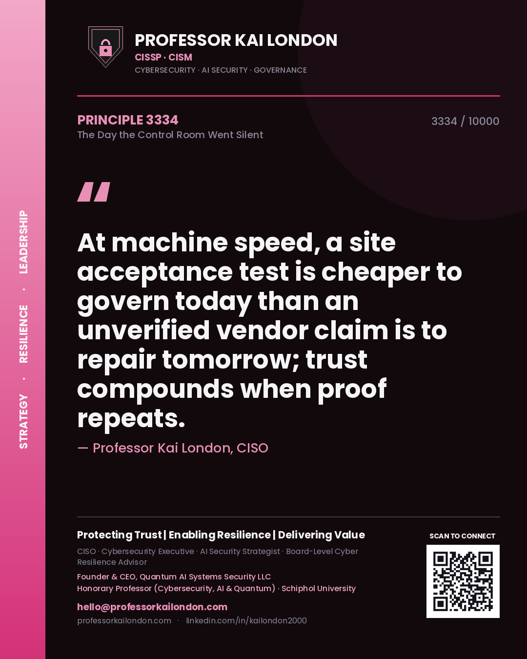 Professor Kai London principle 3334: At machine speed, a site acceptance test is cheaper to govern today than an unverified vendor claim is to repair tomorrow; trust compounds when proof repeats.