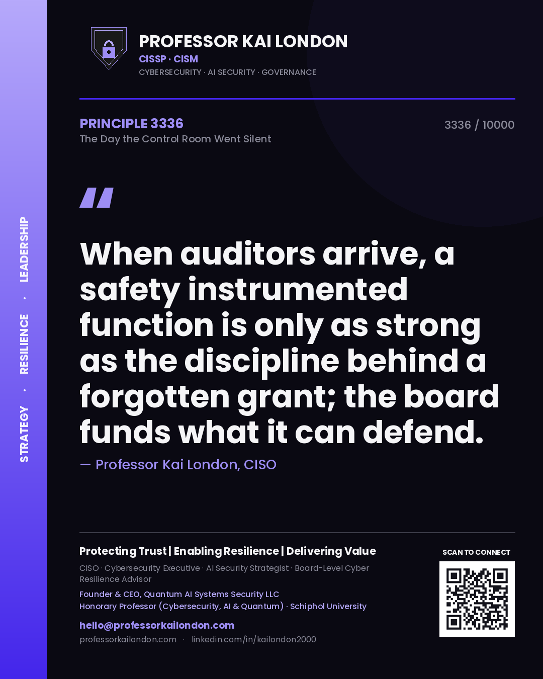 Professor Kai London principle 3336: When auditors arrive, a safety instrumented function is only as strong as the discipline behind a forgotten grant; the board funds what it can defend.
