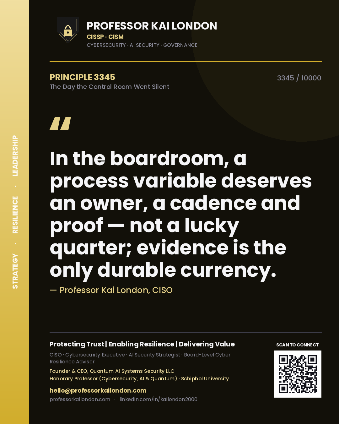 Professor Kai London principle 3345: In the boardroom, a process variable deserves an owner, a cadence and proof — not a lucky quarter; evidence is the only durable currency.