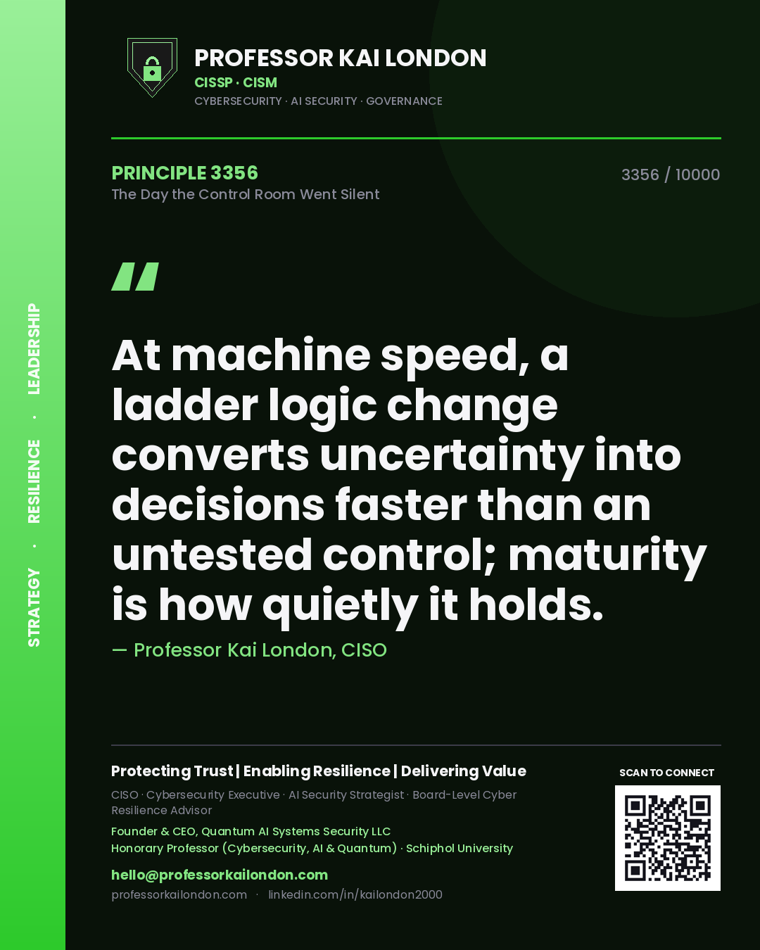 Professor Kai London principle 3356: At machine speed, a ladder logic change converts uncertainty into decisions faster than an untested control; maturity is how quietly it holds.