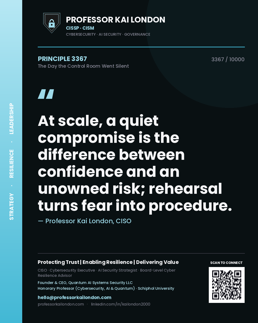 Quote card by Professor Kai London reading 'At scale, a quiet compromise is the difference between confidence and an unowned risk; rehearsal turns fear into procedure.'. From the book The Day the Control Room Went Silent.