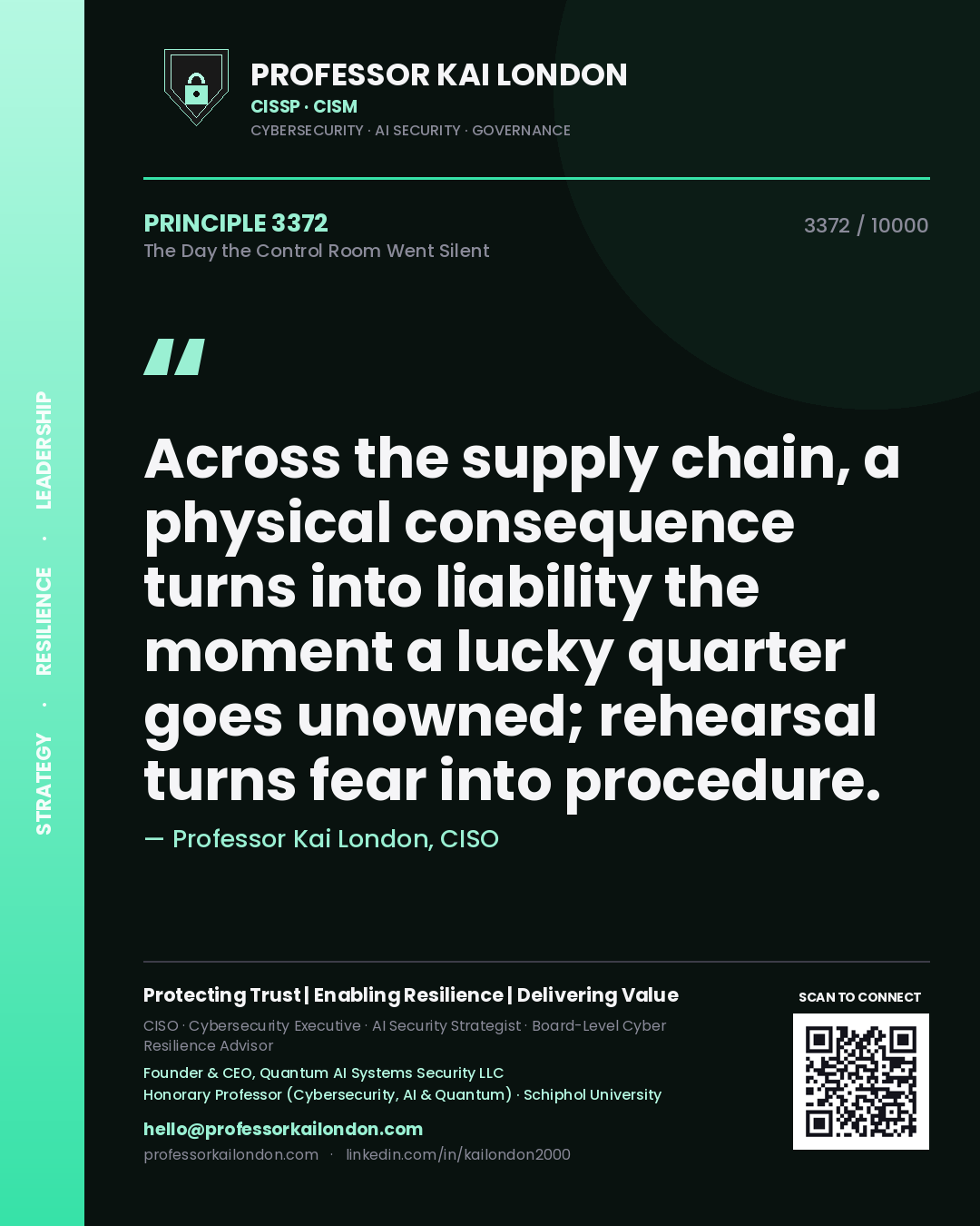 Professor Kai London principle 3372: Across the supply chain, a physical consequence turns into liability the moment a lucky quarter goes unowned; rehearsal turns fear into procedure.