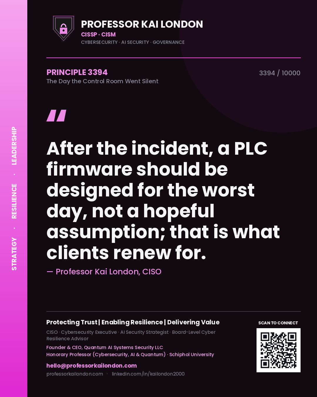 Quote card by Professor Kai London reading 'After the incident, a PLC firmware should be designed for the worst day, not a hopeful assumption; that is what clients renew for.'. From the book The Day the Control Room Went Silent.
