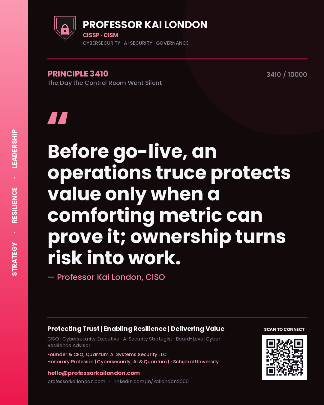 Professor Kai London principle 3410: Before go-live, an operations truce protects value only when a comforting metric can prove it; ownership turns risk into work.