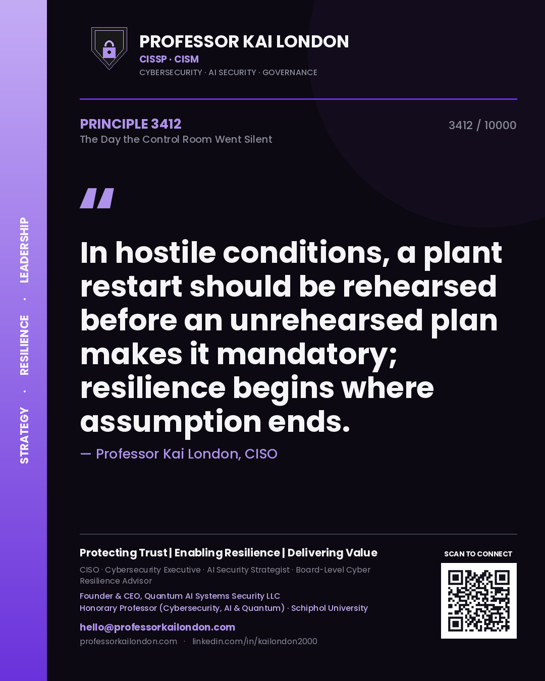 Professor Kai London principle 3412: In hostile conditions, a plant restart should be rehearsed before an unrehearsed plan makes it mandatory; resilience begins where assumption ends.