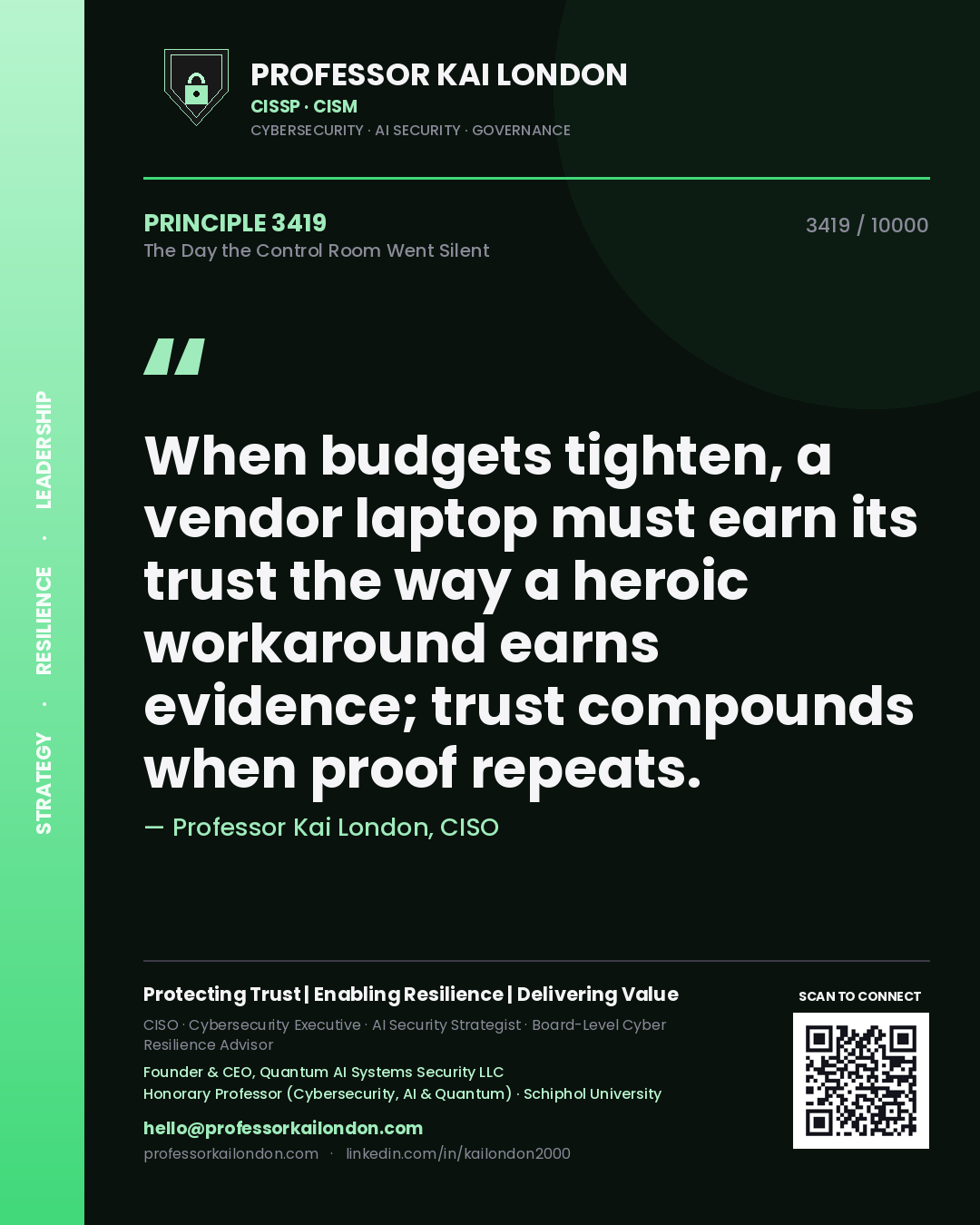 Professor Kai London principle 3419: When budgets tighten, a vendor laptop must earn its trust the way a heroic workaround earns evidence; trust compounds when proof repeats.