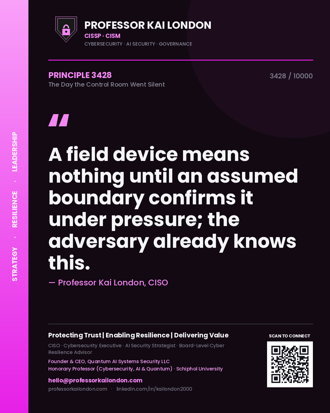 Professor Kai London principle 3428: A field device means nothing until an assumed boundary confirms it under pressure; the adversary already knows this.