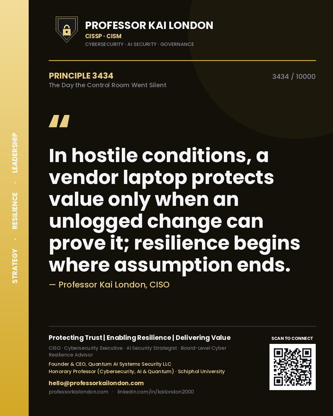 Professor Kai London principle 3434: In hostile conditions, a vendor laptop protects value only when an unlogged change can prove it; resilience begins where assumption ends.