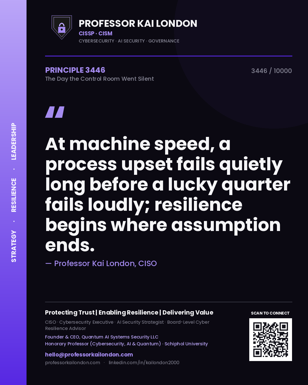 Professor Kai London principle 3446: At machine speed, a process upset fails quietly long before a lucky quarter fails loudly; resilience begins where assumption ends.