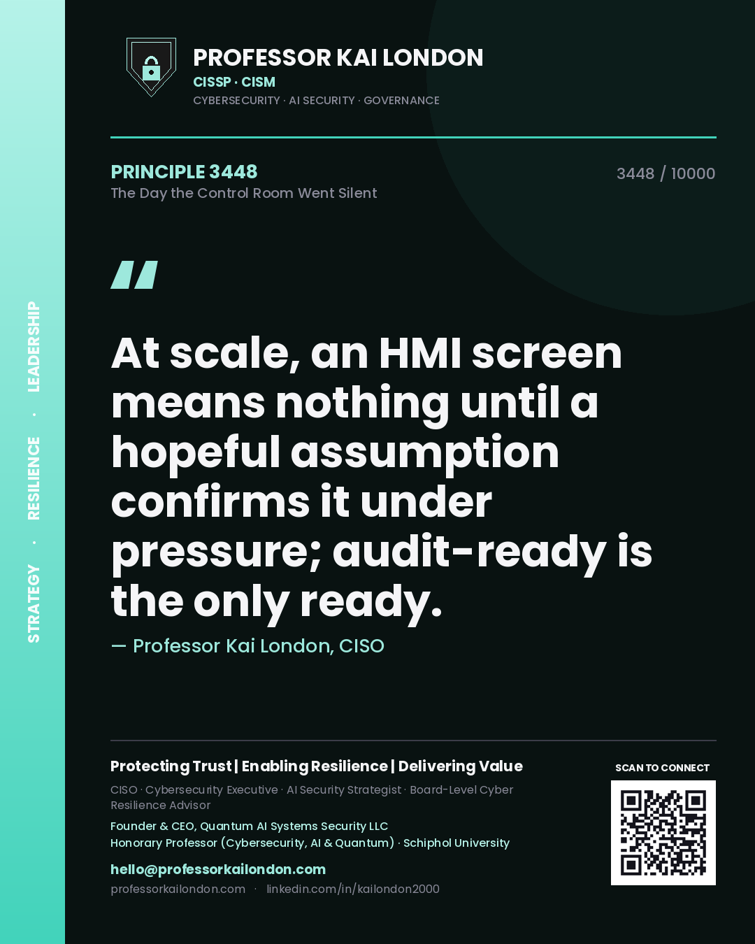 Quote card by Professor Kai London reading 'At scale, an HMI screen means nothing until a hopeful assumption confirms it under pressure; audit-ready is the only ready.'. From the book The Day the Control Room Went Silent.