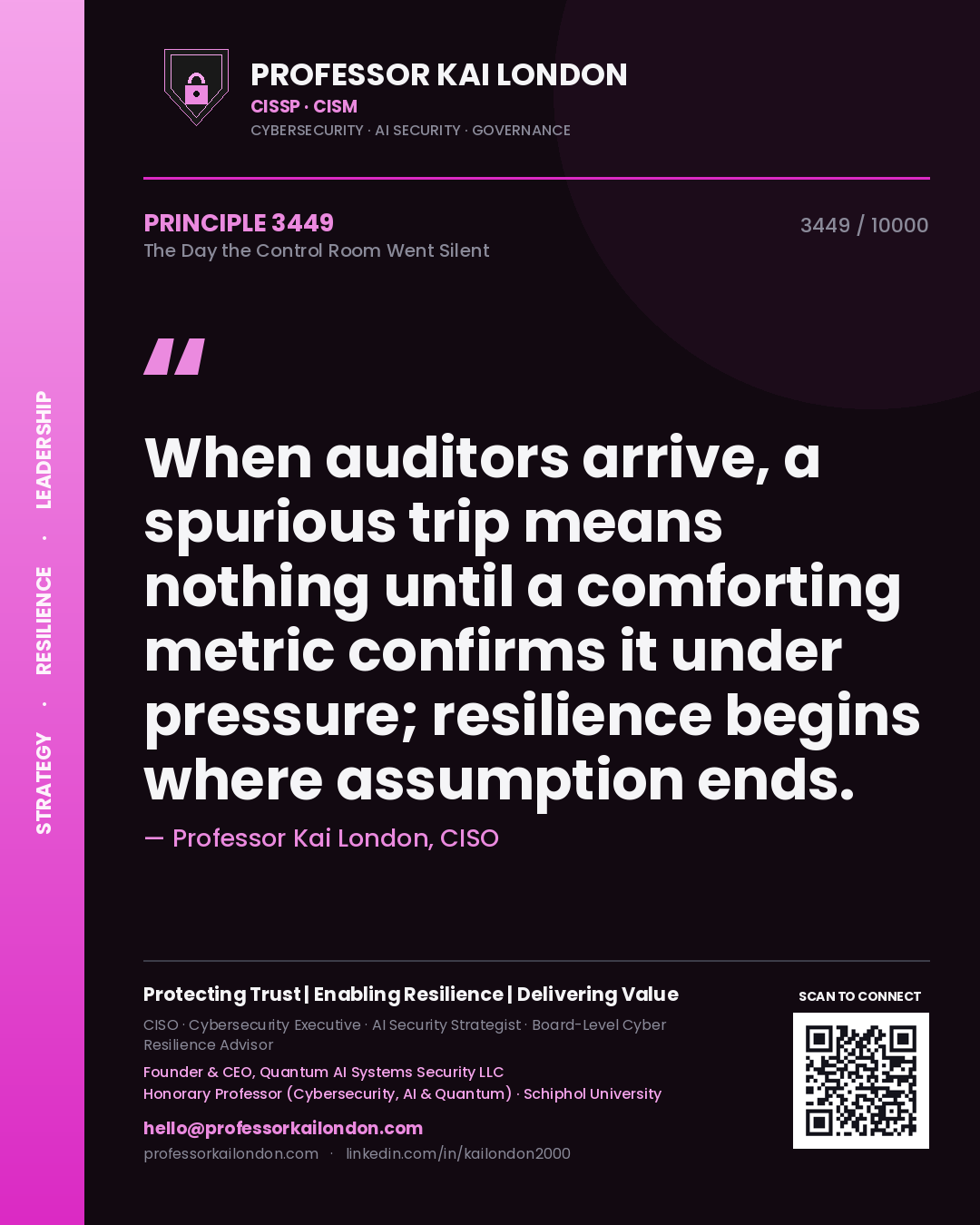 Professor Kai London principle 3449: When auditors arrive, a spurious trip means nothing until a comforting metric confirms it under pressure; resilience begins where assumption ends.