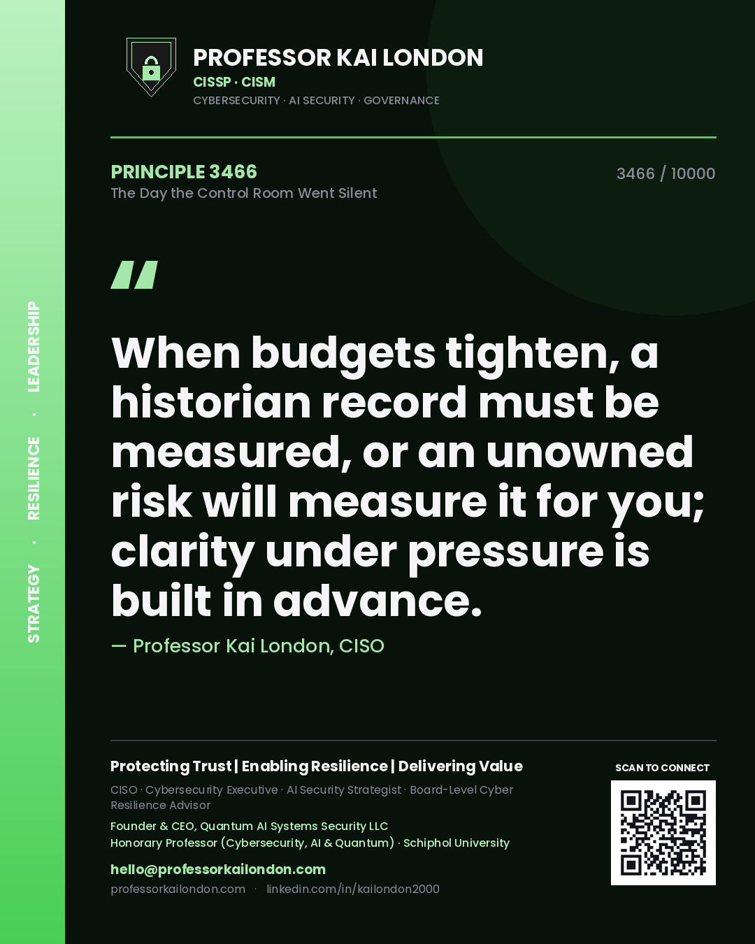 Professor Kai London principle 3466: When budgets tighten, a historian record must be measured, or an unowned risk will measure it for you; clarity under pressure is built in advance.