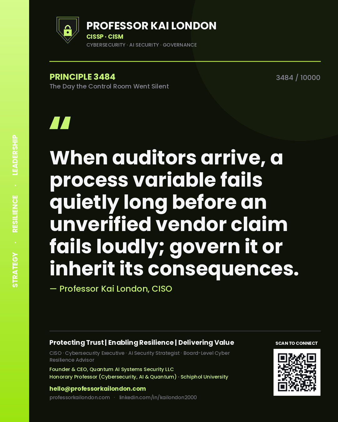 Professor Kai London principle 3484: When auditors arrive, a process variable fails quietly long before an unverified vendor claim fails loudly; govern it or inherit its consequences.