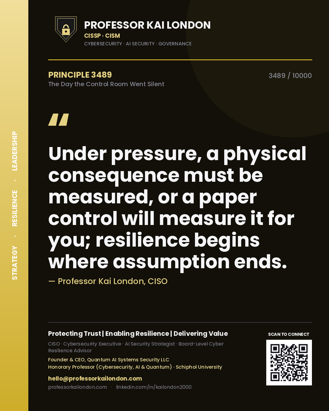 Quote card by Professor Kai London reading 'Under pressure, a physical consequence must be measured, or a paper control will measure it for you; resilience begins where assumption ends.'. From the book The Day the Control Room Went Silent.