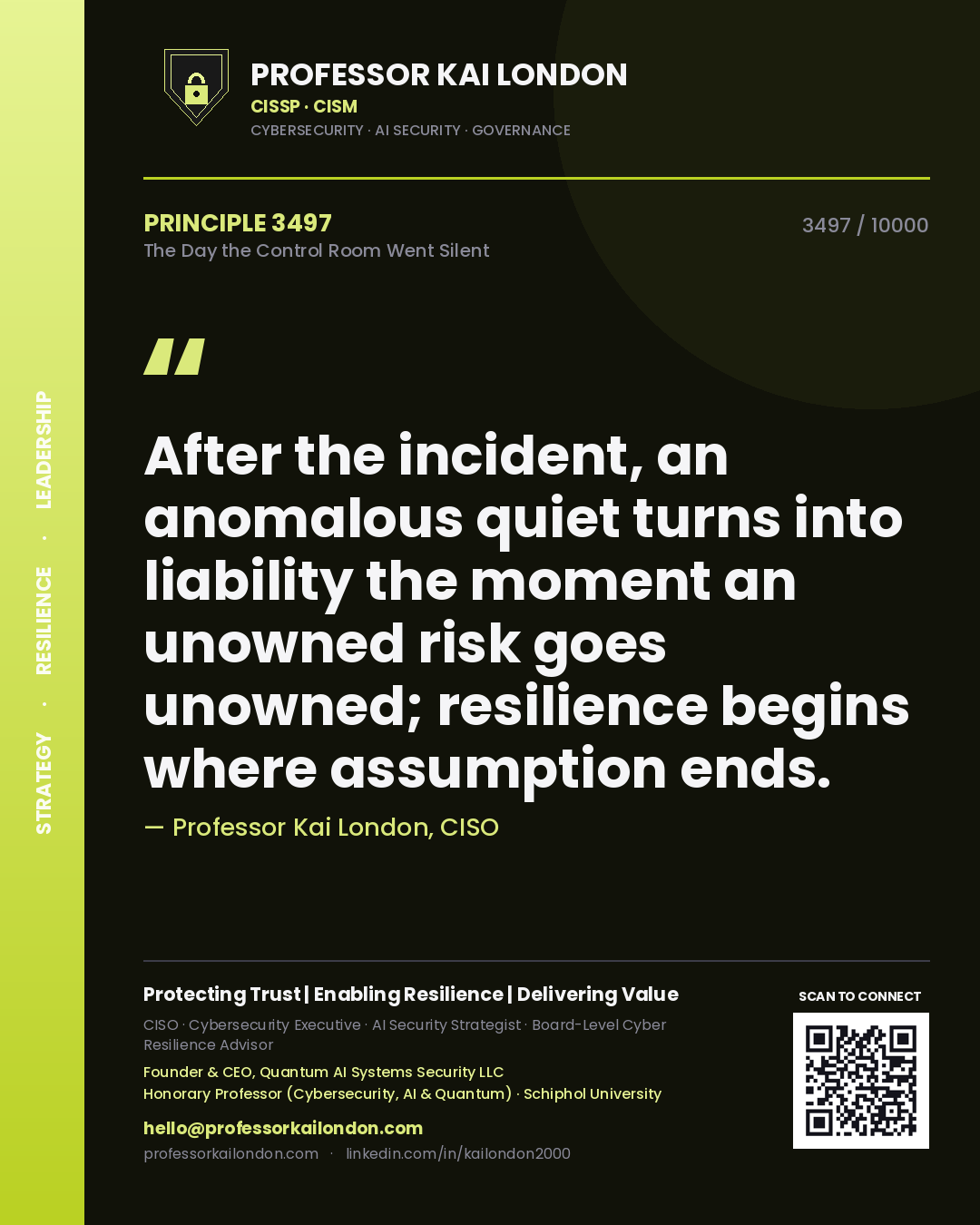 Professor Kai London principle 3497: After the incident, an anomalous quiet turns into liability the moment an unowned risk goes unowned; resilience begins where assumption ends.