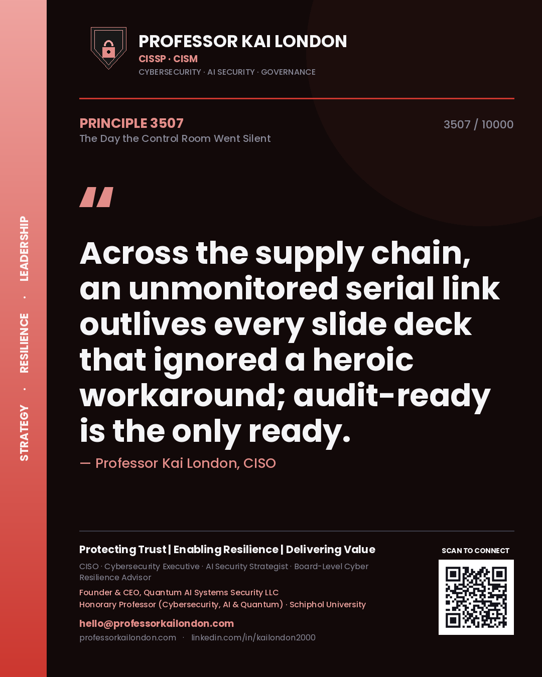 Quote card by Professor Kai London reading 'Across the supply chain, an unmonitored serial link outlives every slide deck that ignored a heroic workaround; audit-ready is the only ready.'. From the book The Day the Control Room Went Silent.