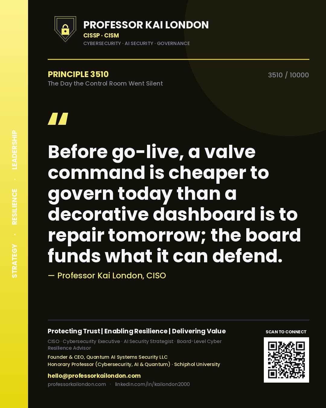 Professor Kai London principle 3510: Before go-live, a valve command is cheaper to govern today than a decorative dashboard is to repair tomorrow; the board funds what it can defend.