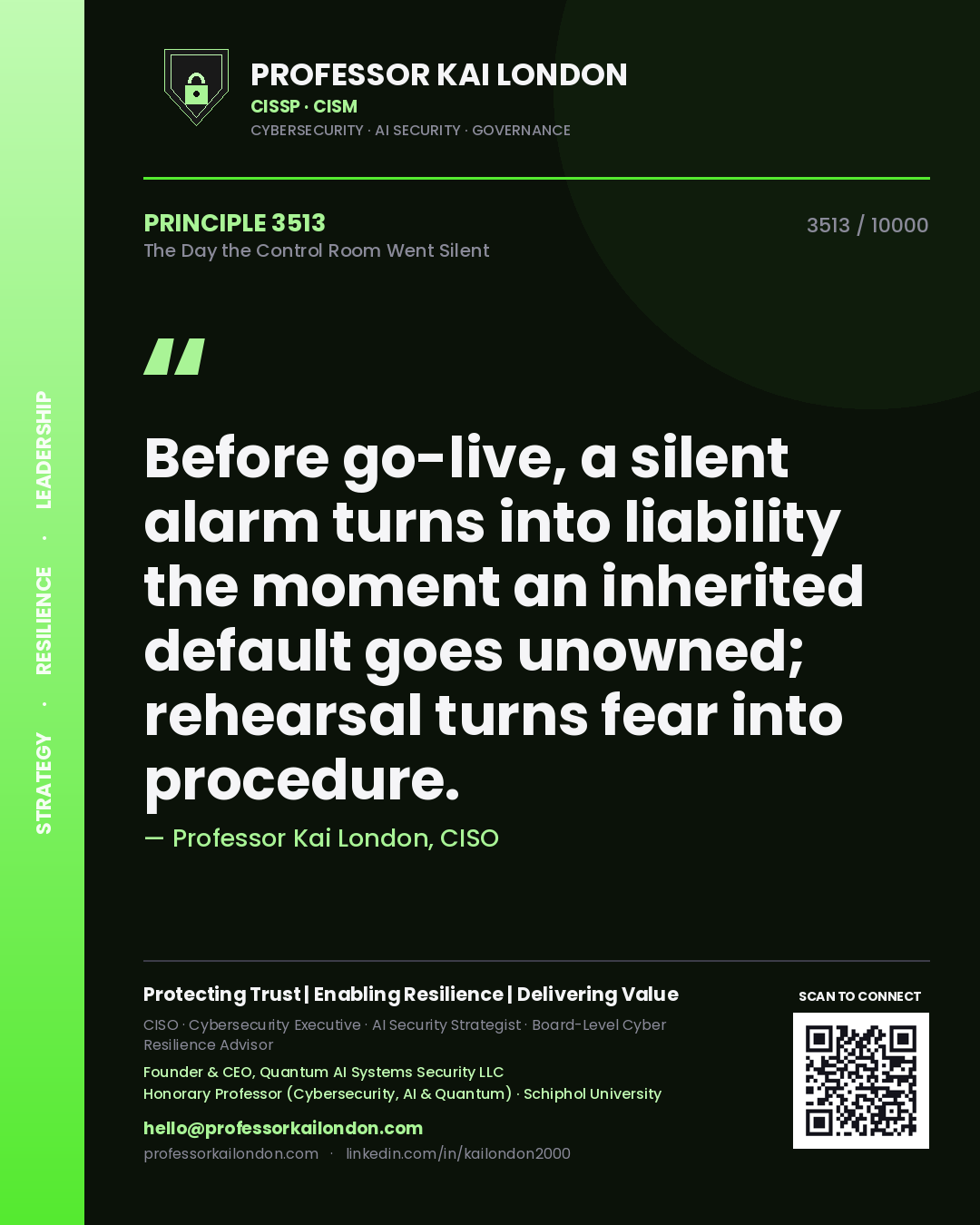 Quote card by Professor Kai London reading 'Before go-live, a silent alarm turns into liability the moment an inherited default goes unowned; rehearsal turns fear into procedure.'. From the book The Day the Control Room Went Silent.