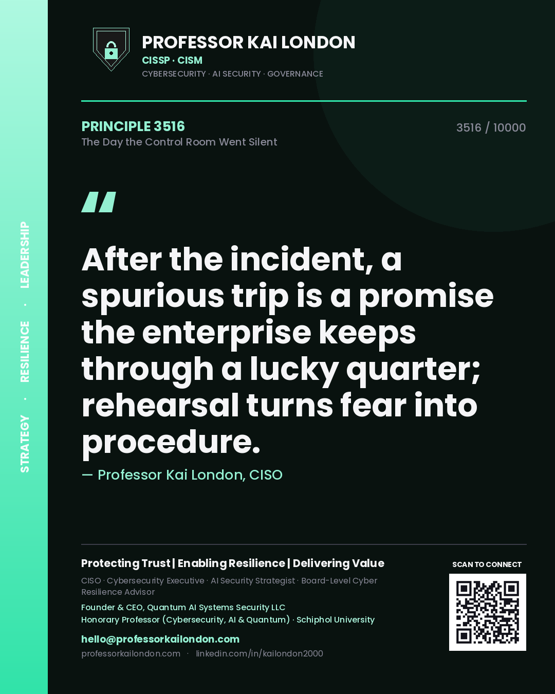 Professor Kai London principle 3516: After the incident, a spurious trip is a promise the enterprise keeps through a lucky quarter; rehearsal turns fear into procedure.