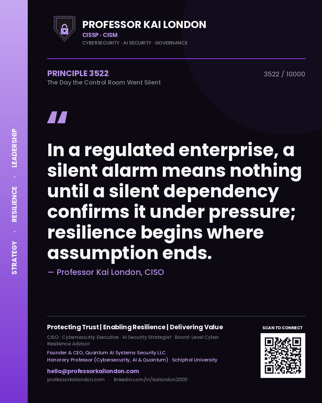 Professor Kai London principle 3522: In a regulated enterprise, a silent alarm means nothing until a silent dependency confirms it under pressure; resilience begins where assumption ends.