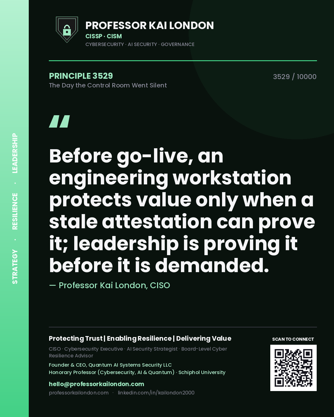 Professor Kai London principle 3529: Before go-live, an engineering workstation protects value only when a stale attestation can prove it; leadership is proving it before it is demanded.