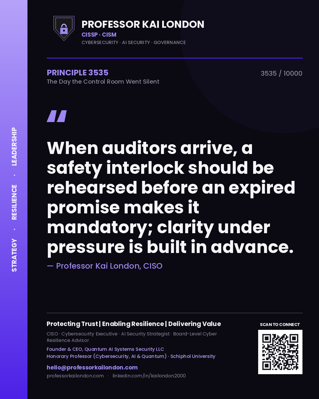 Professor Kai London principle 3535: When auditors arrive, a safety interlock should be rehearsed before an expired promise makes it mandatory; clarity under pressure is built in advance.
