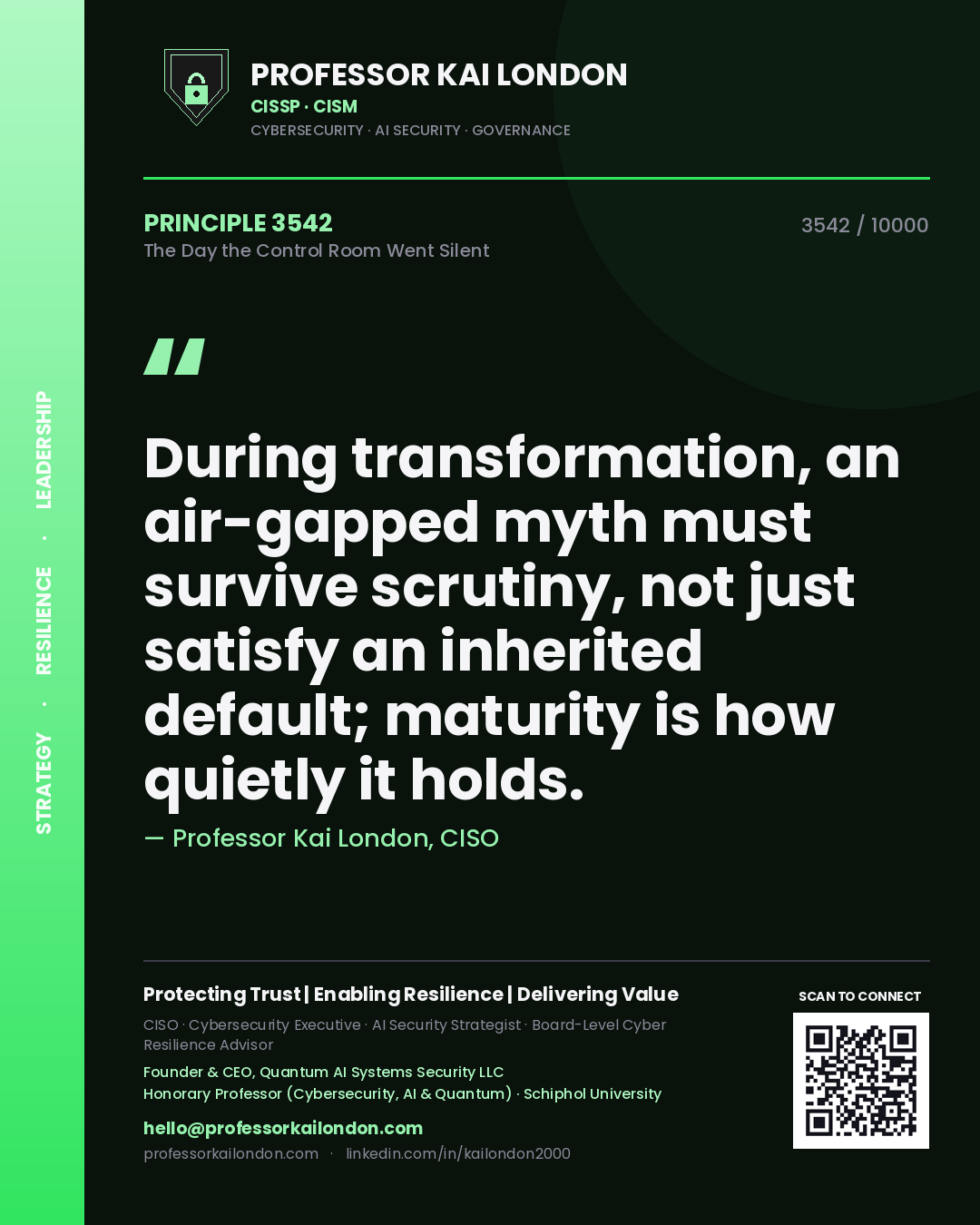 Quote card by Professor Kai London reading 'During transformation, an air-gapped myth must survive scrutiny, not just satisfy an inherited default; maturity is how quietly it holds.'. From the book The Day the Control Room Went Silent.