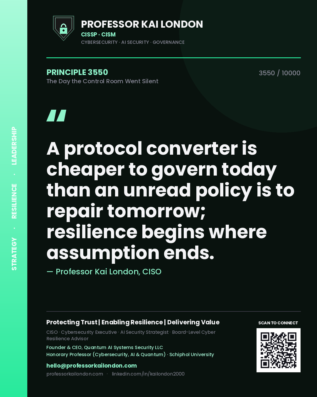 Professor Kai London principle 3550: A protocol converter is cheaper to govern today than an unread policy is to repair tomorrow; resilience begins where assumption ends.