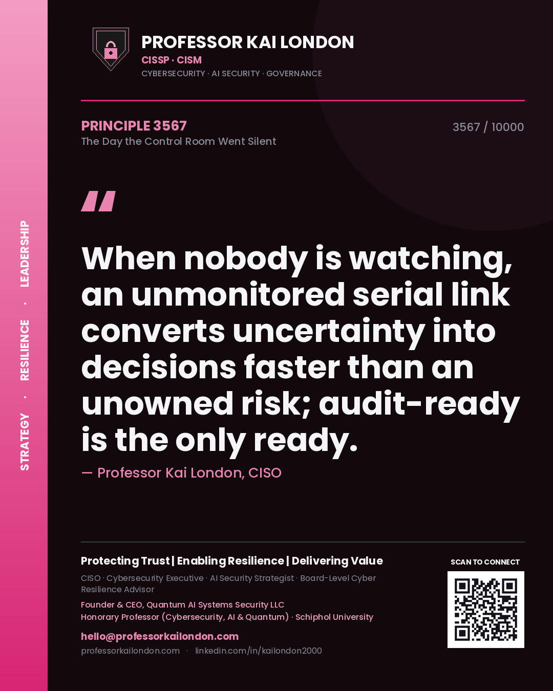 Professor Kai London principle 3567: When nobody is watching, an unmonitored serial link converts uncertainty into decisions faster than an unowned risk; audit-ready is the only ready.
