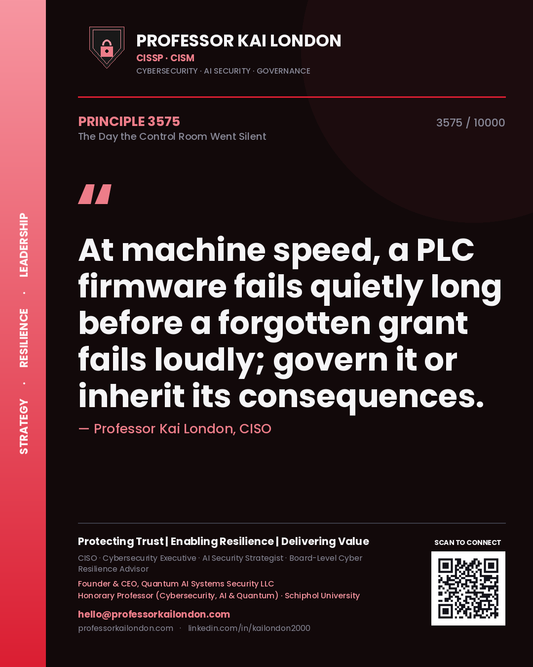 Quote card by Professor Kai London reading 'At machine speed, a PLC firmware fails quietly long before a forgotten grant fails loudly; govern it or inherit its consequences.'. From the book The Day the Control Room Went Silent.