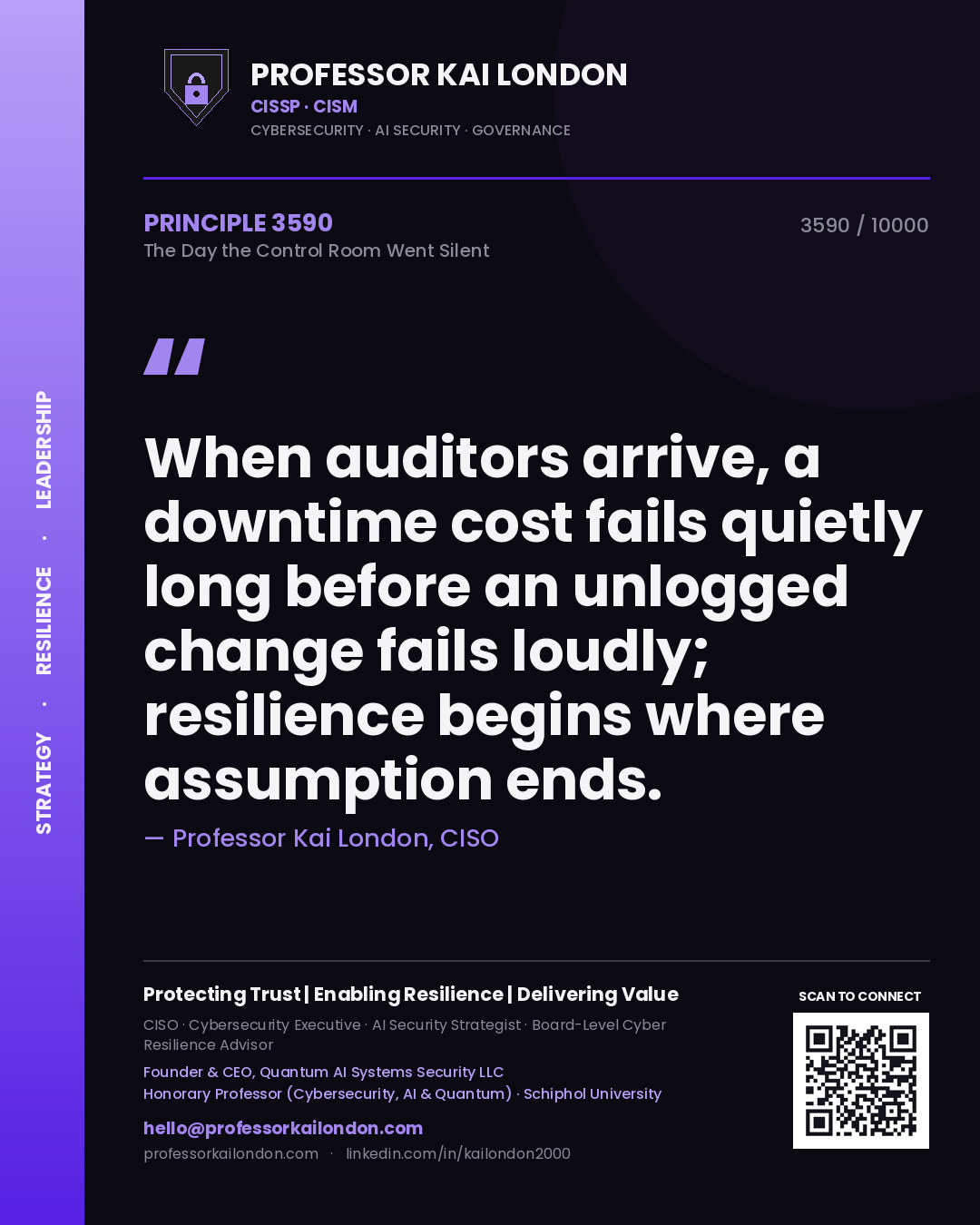 Quote card by Professor Kai London reading 'When auditors arrive, a downtime cost fails quietly long before an unlogged change fails loudly; resilience begins where assumption ends.'. From the book The Day the Control Room Went Silent.