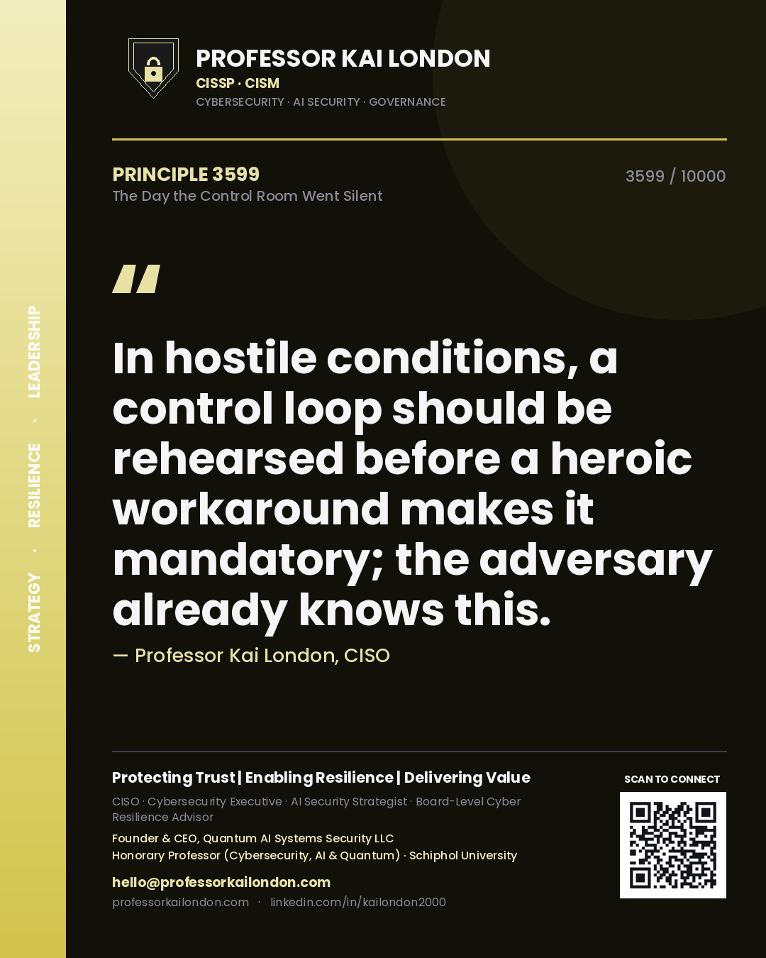 Professor Kai London principle 3599: In hostile conditions, a control loop should be rehearsed before a heroic workaround makes it mandatory; the adversary already knows this.
