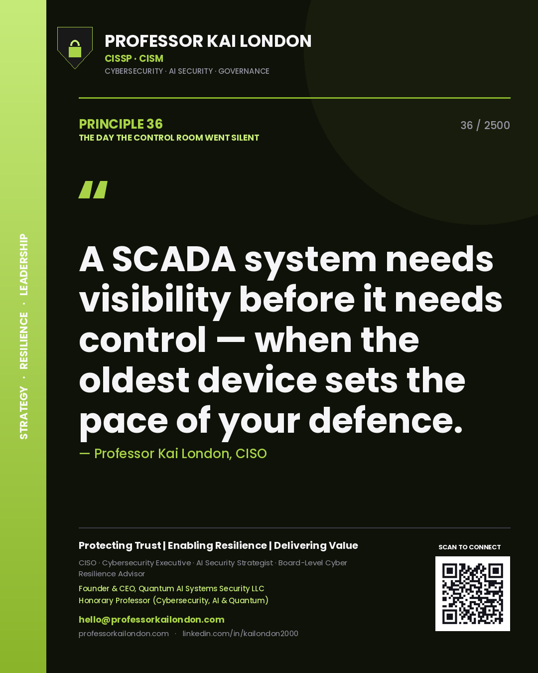 Professor Kai London principle 36: A SCADA system needs visibility before it needs control — when the oldest device sets the pace of your defence.