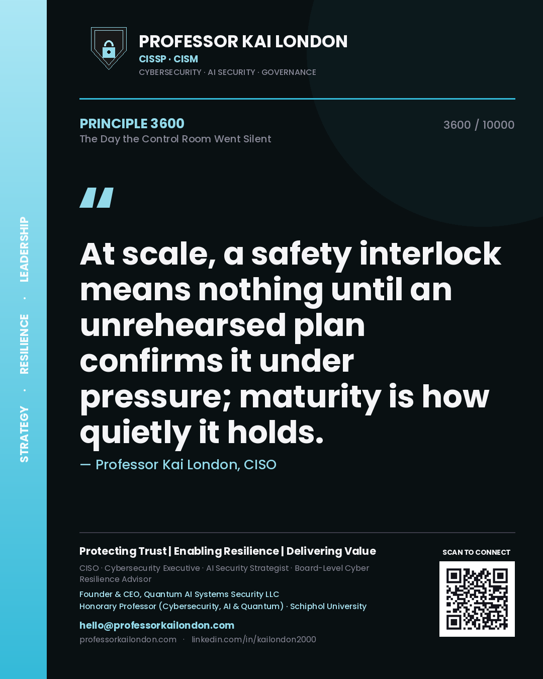 Quote card by Professor Kai London reading 'At scale, a safety interlock means nothing until an unrehearsed plan confirms it under pressure; maturity is how quietly it holds.'. From the book The Day the Control Room Went Silent.