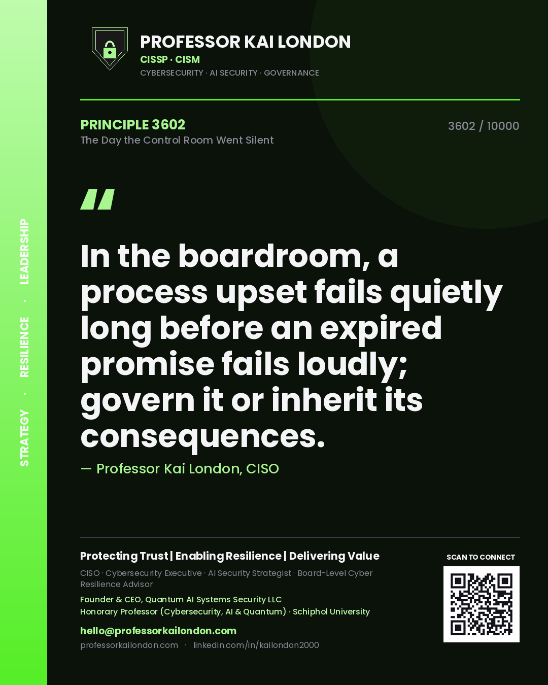 Quote card by Professor Kai London reading 'In the boardroom, a process upset fails quietly long before an expired promise fails loudly; govern it or inherit its consequences.'. From the book The Day the Control Room Went Silent.