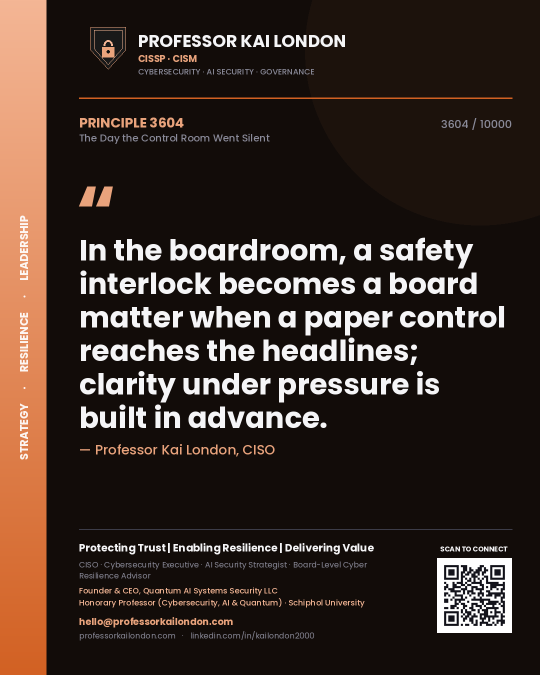 Quote card by Professor Kai London reading 'In the boardroom, a safety interlock becomes a board matter when a paper control reaches the headlines; clarity under pressure is built in advance.'. From the book The Day the Control Room Went Silent.